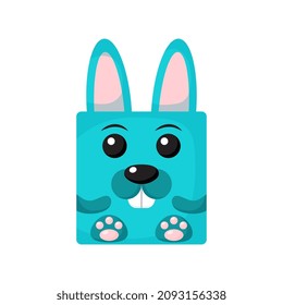 Cute cartoon square animal rabbit face, vector zoo sticker isolated on white background.