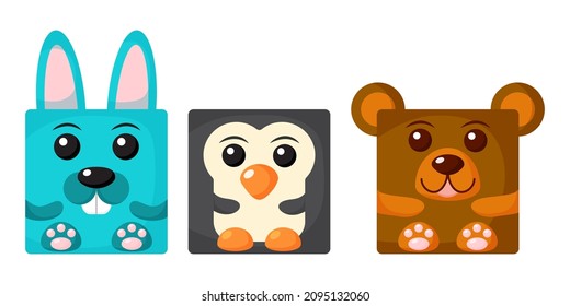 Cute Cartoon Square Animal Rabbit, Penguin, Bear Face, Vector Zoo Sticker Isolated On White Background.