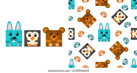 Cute cartoon square animal rabbit, penguin, bear face, vector zoo sticker isolated on white background.