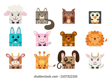 Cara de animales cuadrados de dibujos animados, pegatina de zoológico vector aislada en fondo blanco