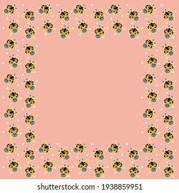 Cute cartoon square frame of a baby giraffe muzzles with ruddy pink cheeks, protruding tongues, white circles on a pink background. The template of African animals faces for graphic design. Vector.