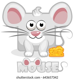 Cute cartoon square grey mouse and cheese. Set vector animals