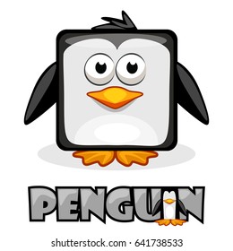 Cute cartoon square penguin. Set vector animals and bird