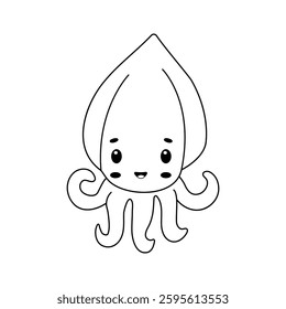 Cute cartoon squid character with a cheerful expression and simple line art design for coloring activities in doodle style