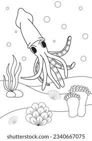 Cute cartoon squid. Coloring book or page for kids. Marine life
