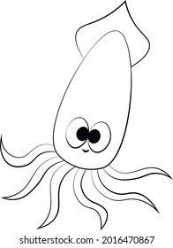 Cute cartoon Squid. Draw illustration in black and white