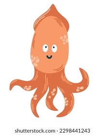 Cute cartoon squid. Sea Animal, underwater life. Perfect for children clothes design, banner, card. Cute kid's cartoon vector illustration in flat style.