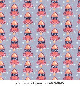  Cute Cartoon Squid Seamless Pattern on dust lilac background,  Orange sea Squid Wearing Sunglasses with Colorful Bubbles Vector Pattern