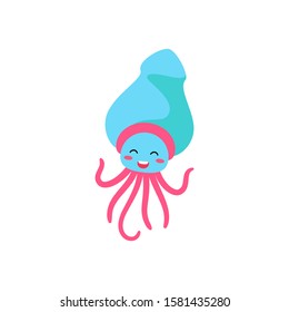 Cute cartoon squid vector illustration, simple flat design template.