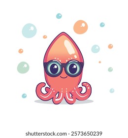 Cute Cartoon Squid Vector Illustration Wearing Sunglasses with Colorful Bubbles,funny octopus isolated on white background 