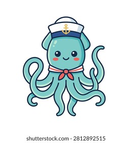 A cute cartoon squid wearing a sailor hat on a white background.