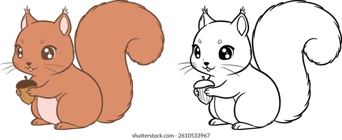 Cute Cartoon Squirel Illustration Coloring Book