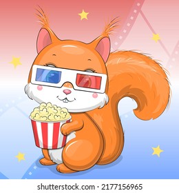 Cute cartoon squirrel in 3d cinema glasses holds popcorn. Vector illustration on a blue and red background with filmstrip.