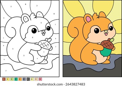 Cute Cartoon Squirrel with Acorn Color by Number Worksheet - Engaging Kids Activity for Learning and Fun, Simple Vector Design