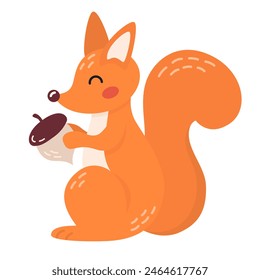 Cute cartoon squirrel with acorn in flat style. Forest animal, kids design for print, poster, stickers, nursery. 