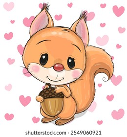 Cute cartoon squirrel with an acorn on a hearts background