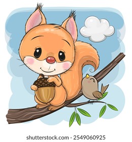 Cute cartoon squirrel with an acorn on a branch with bird