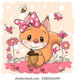 Cute cartoon squirrel with an acorn on a meadow