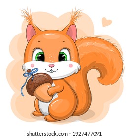 Cute cartoon squirrel and acorn. Vector illustration of an animal.