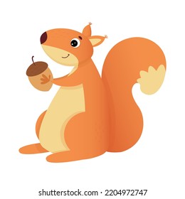 Cute Cartoon Squirrel With Acorn. Vector Illustration Isolated On White Background