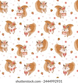 Cute cartoon squirrel with acorns, hearts and rose flowers gift and heart vector kids seamless pattern. 