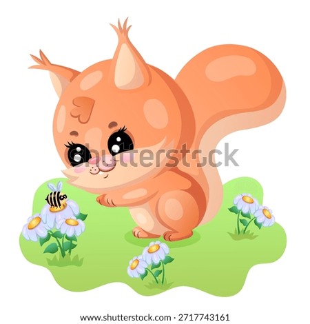 Cute cartoon squirrel admiring a bee in a flower meadow.