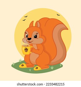 Cute cartoon squirrel. Cartoon animal design. Flat vector illustration on a grassy meadow against the background of the sun