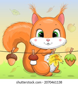 Cute cartoon squirrel with autumn harvest: nut leaf, mushroom and acorn. Vector illustration of an animal.