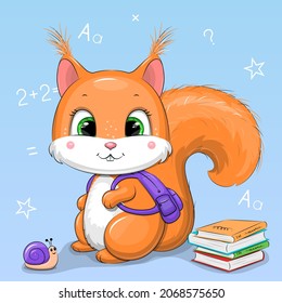 Cute cartoon squirrel with a backpack, books and a snail. School animal vector illustration on blue background.