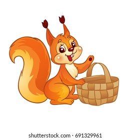 Cute cartoon squirrel with a basket. Isolated on a white background . Vector Illustration. 