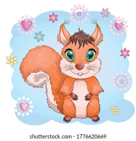 Cute cartoon squirrel with beautiful eyes on a background of flowers