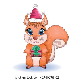 cute cartoon squirrel with beautiful eyes in a Santa Claus hat with a Christmas gift, candy cane, ball. Winter design element for greeting card, Christmas party invitation, holiday sales