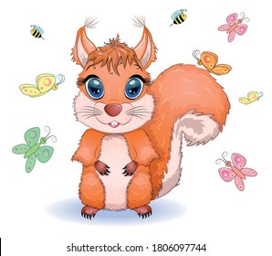 Cute cartoon squirrel with beautiful eyes on a background of flowers and butterflies