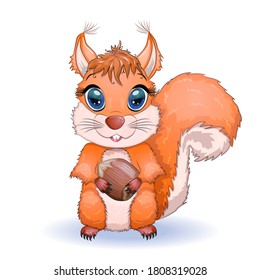 Cute cartoon squirrel with beautiful eyes holds a nut, surrounded by nuts.