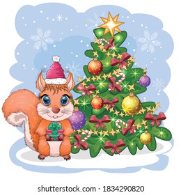 Cute cartoon squirrel with beautiful eyes in Santa Claus hat with gift, candy cane, ball near decorated Christmas tree. Winter design element for greeting card, Christmas party invitation