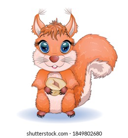 Cute cartoon squirrel with beautiful eyes holds a nut, surrounded by nuts.
