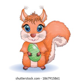 Cute cartoon squirrel with beautiful eyes holds an Easter egg, card for Easter.