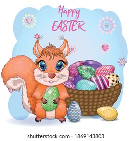 Cute cartoon squirrel with beautiful eyes holds an Easter egg, card for Easter.