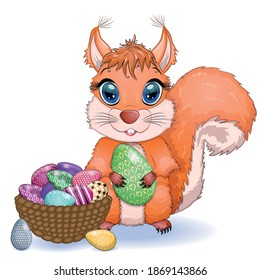 Cute cartoon squirrel with beautiful eyes holds an Easter egg, card for Easter.
