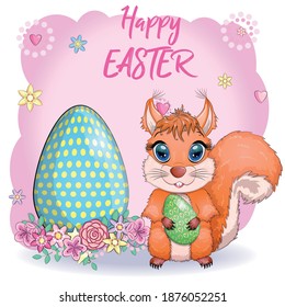 Cute cartoon squirrel with beautiful eyes holds an Easter egg, card for Easter.