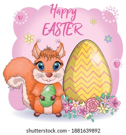 Cute cartoon squirrel with beautiful eyes holds an Easter egg, card for Easter.