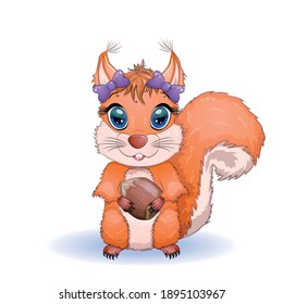 Cute cartoon squirrel with beautiful eyes holds a nut, surrounded by nuts.