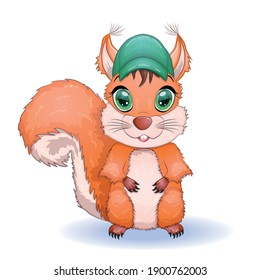 Cute cartoon squirrel with beautiful eyes in a hat, concept summer comes, sea, vacation.