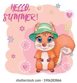 Cute cartoon squirrel with beautiful eyes in a hat, concept summer comes, sea, vacation.