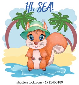 Cute cartoon squirrel with beautiful eyes in a hat, concept summer comes, sea, vacation.