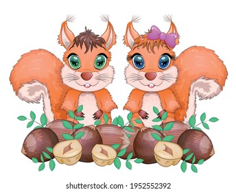 Cute cartoon squirrel with beautiful eyes holds a nut, surrounded by nuts.