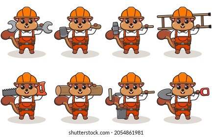 Cute cartoon of Squirrel being a handyman with big tools. Character animal. Cartoon style Handyman with the tools. Children's illustration.
