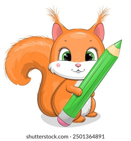 Cute cartoon squirrel with a big green pencil. School vector illustration with an animal on white background.