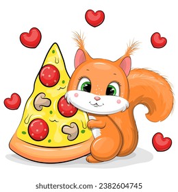 Cute cartoon squirrel with a big piece of pizza. Vector illustration of animal on a white background with red hearts.