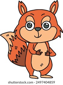 A cute cartoon squirrel with a big smile on its face. The squirrel is holding its paws up to its chest and looking at the camera